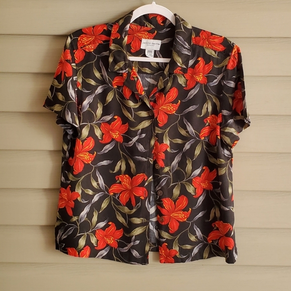 Vintage 90's M black tropical lily short sleeve button top - Picture 4 of 5